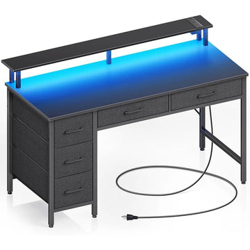 CHENGWEI Gaming / Office Computer Desk with Power Outlets & LED Lighting