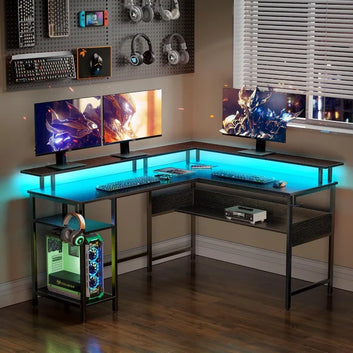 Computer Desk L Shaped 56.7" with LED Lights and Power Outlets, Reversible L Shaped Gaming Desk with Monitor Stand