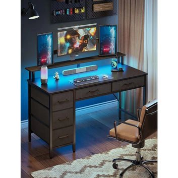 CHENGWEI Gaming / Office Computer Desk with Power Outlets & LED Lighting
