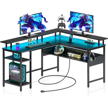 Computer Desk L Shaped 56.7" with LED Lights and Power Outlets, Reversible L Shaped Gaming Desk with Monitor Stand