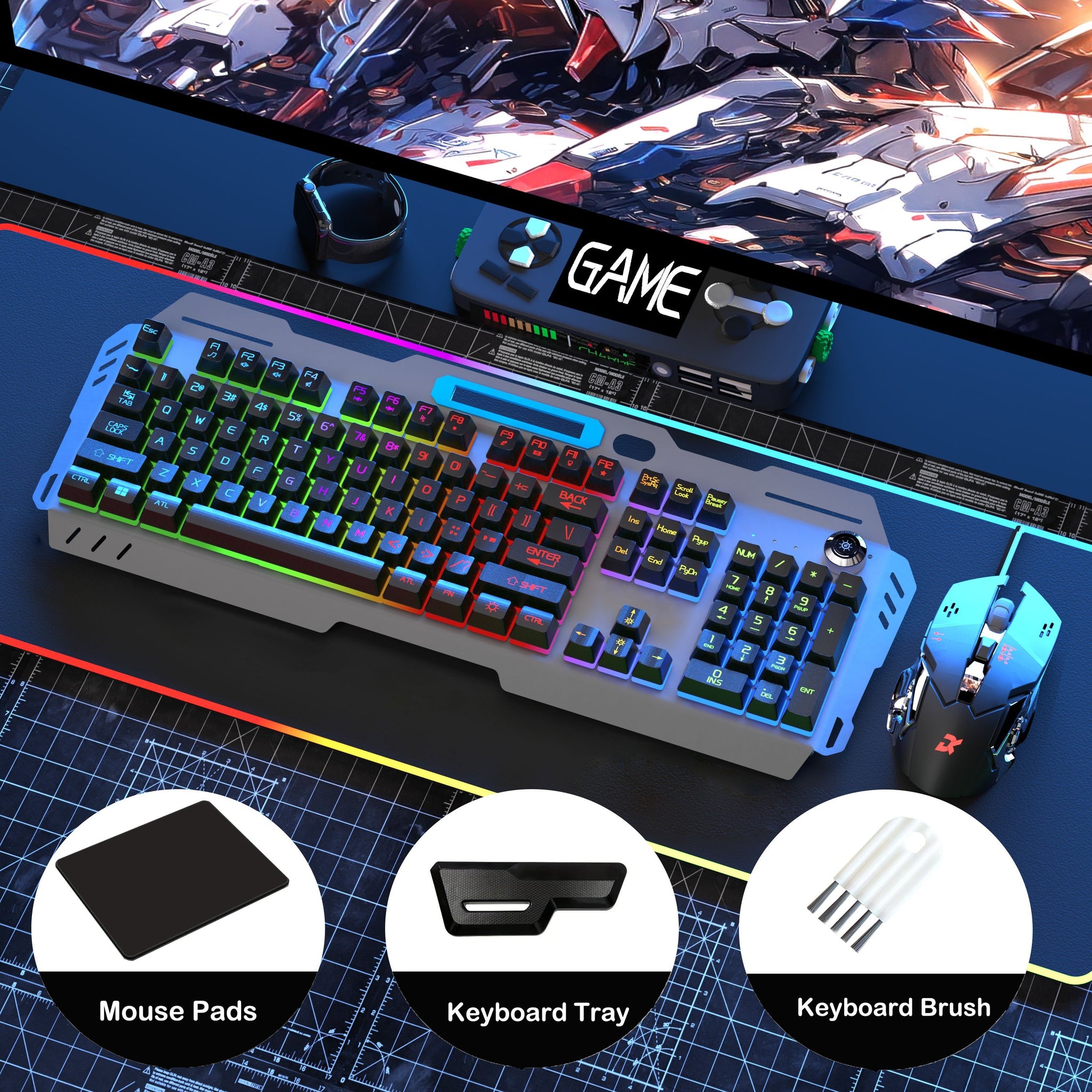 Corded Gaming Keyboard and Mouse Metal Panel Keyboard with Mouse Pad and Keyboard Brush Removable Hand Rest Mechanical Keyboard and 6D Mechanical Gaming Mouse 5in1 Gaming Keyboard Set for PC Gamer