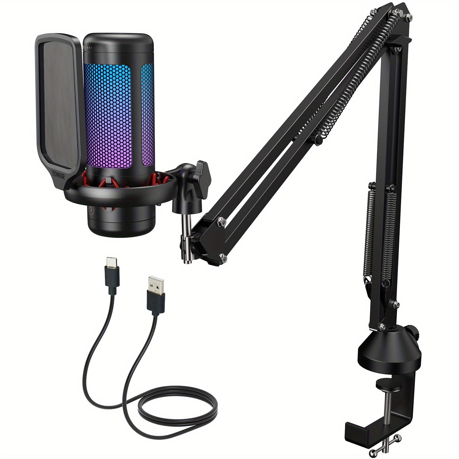 Gaming USB Microphone Set with RGB Lighting Pop Filter  Shock Mount  USB Condenser Mic w Boom Arm Quick Mute  Gain Control for PC Computer Streaming Podcasting YouTube  for TwitchZoomSkype TC310