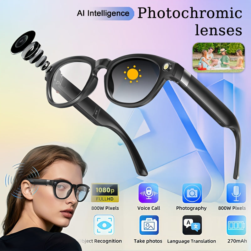 AI Smart Glasses with AI Intelligence 800W HD And Antishake Function Realtime Translation Dual Microphones with Blue Light Protection And Noise Reduction 4K HD Recording And Wireless Calling Ideal Gift for Cyclists Fishermen Office Workers And 