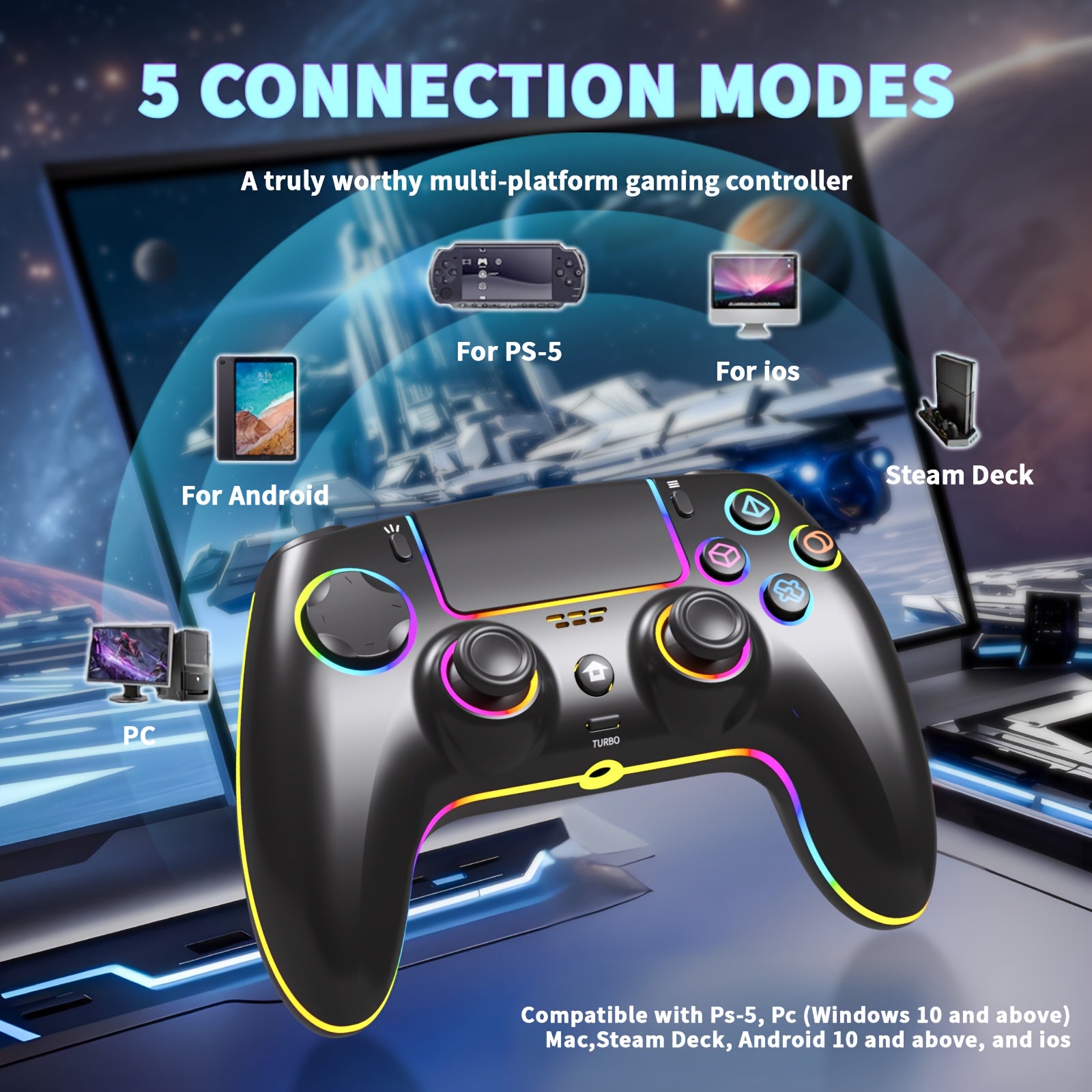 Wireless Controller Compatible with PS5ProPCMaciOSAndroid10Steam Deck Gamepad with 7 Colors RGB LightingDual VibrationTurbo6 Axis Gyro SensorProgrammableAudio Jack Battery